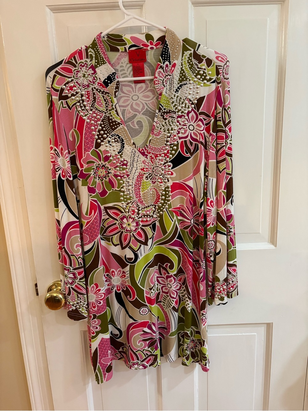 V Cristina Pink & Green Floral V-Neck Tunic with Embellished Neckline